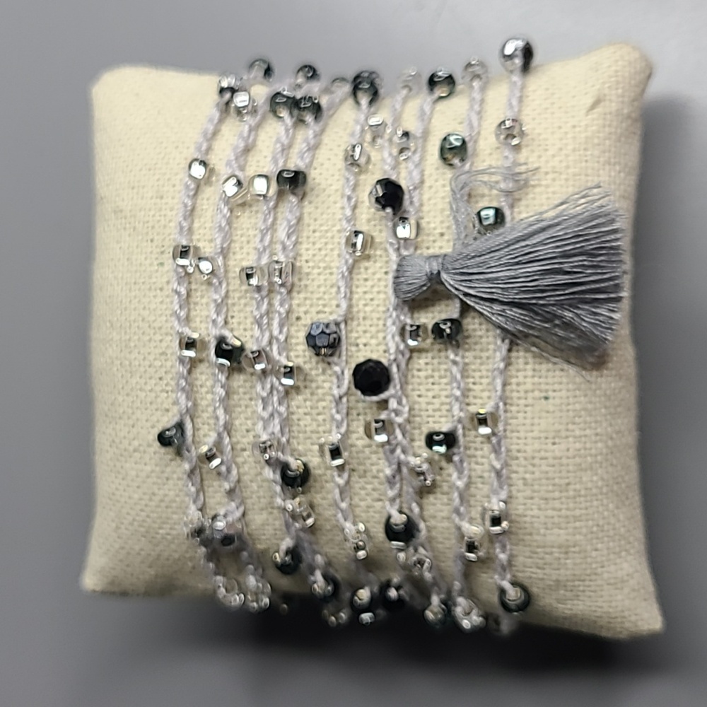 Women's Wrap Bracelet Size XL Light Gray Clear Glass Black Beads Handmade Cute